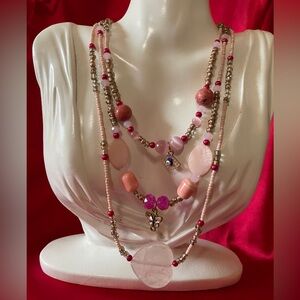 Pink triple layer necklace with rose quartz